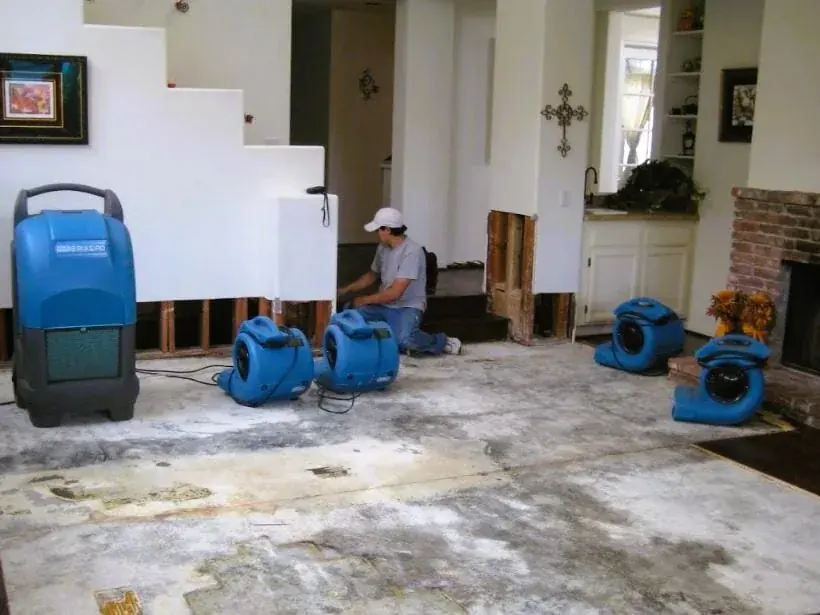 Air movers and an LGR dehumidifier drying a room in a South LA home